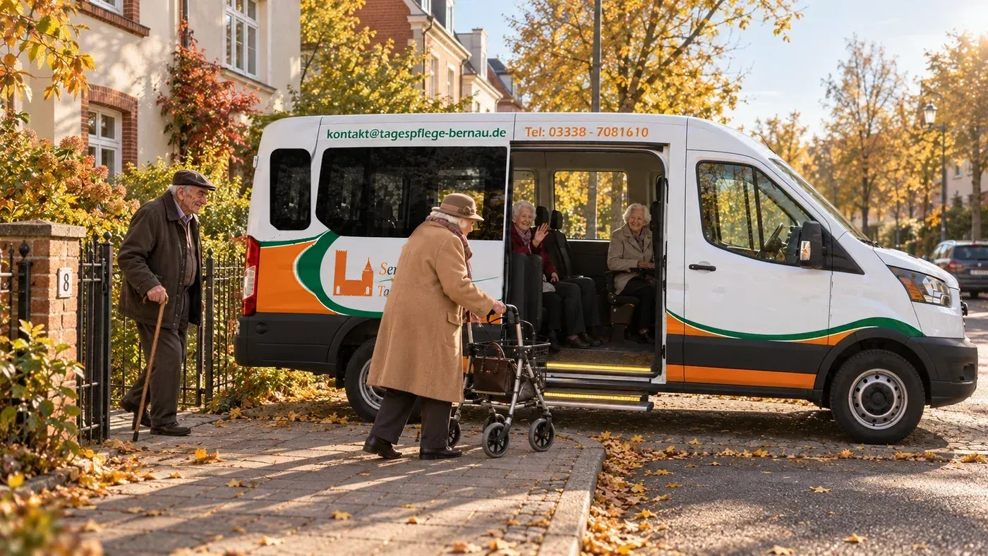 Ein Gast geht morgens mit Rollator vom Haus zum Bus der Tagespflege