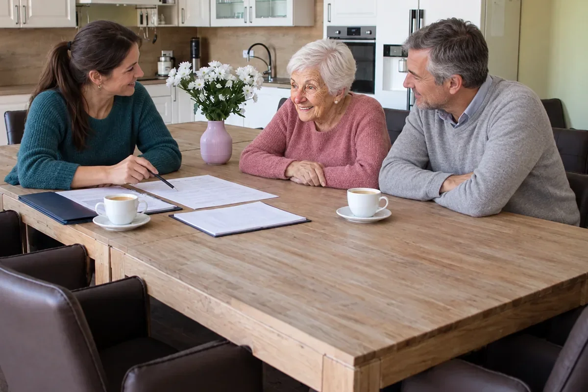 Eine Mitarbeiterin bespricht mit einer Seniorin und ihrer Tochter am Tisch die Leistungen der Pflegekasse