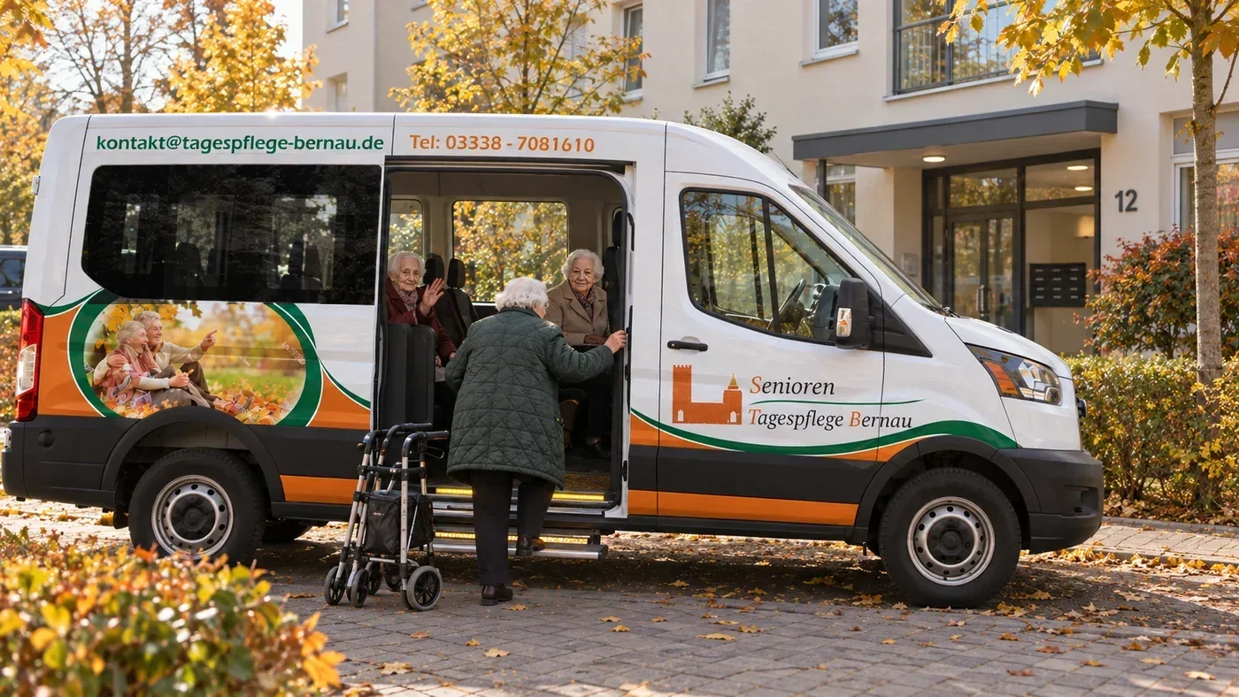 Ein Gast steigt in den Bus der Tagespflege, der Rollator steht daneben, zwei Gäste winken von innen