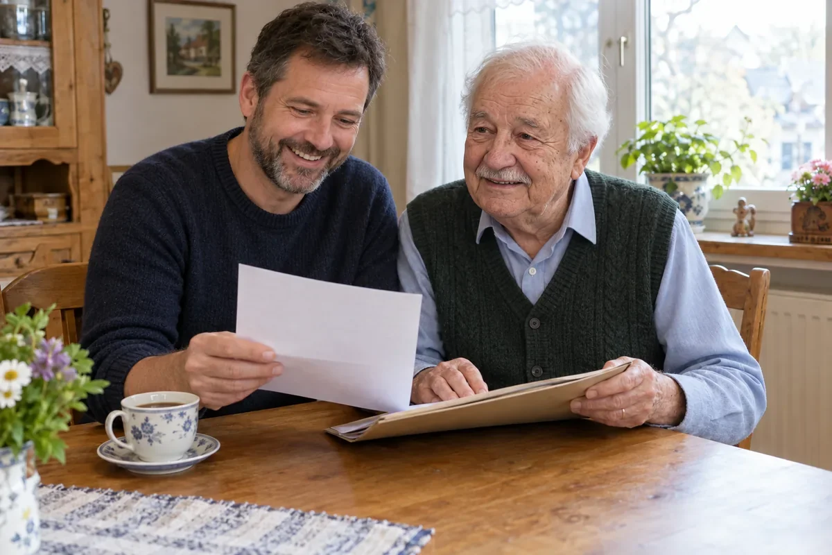 Eine Tochter und ihre Mutter lesen gemeinsam einen Brief der Pflegekasse