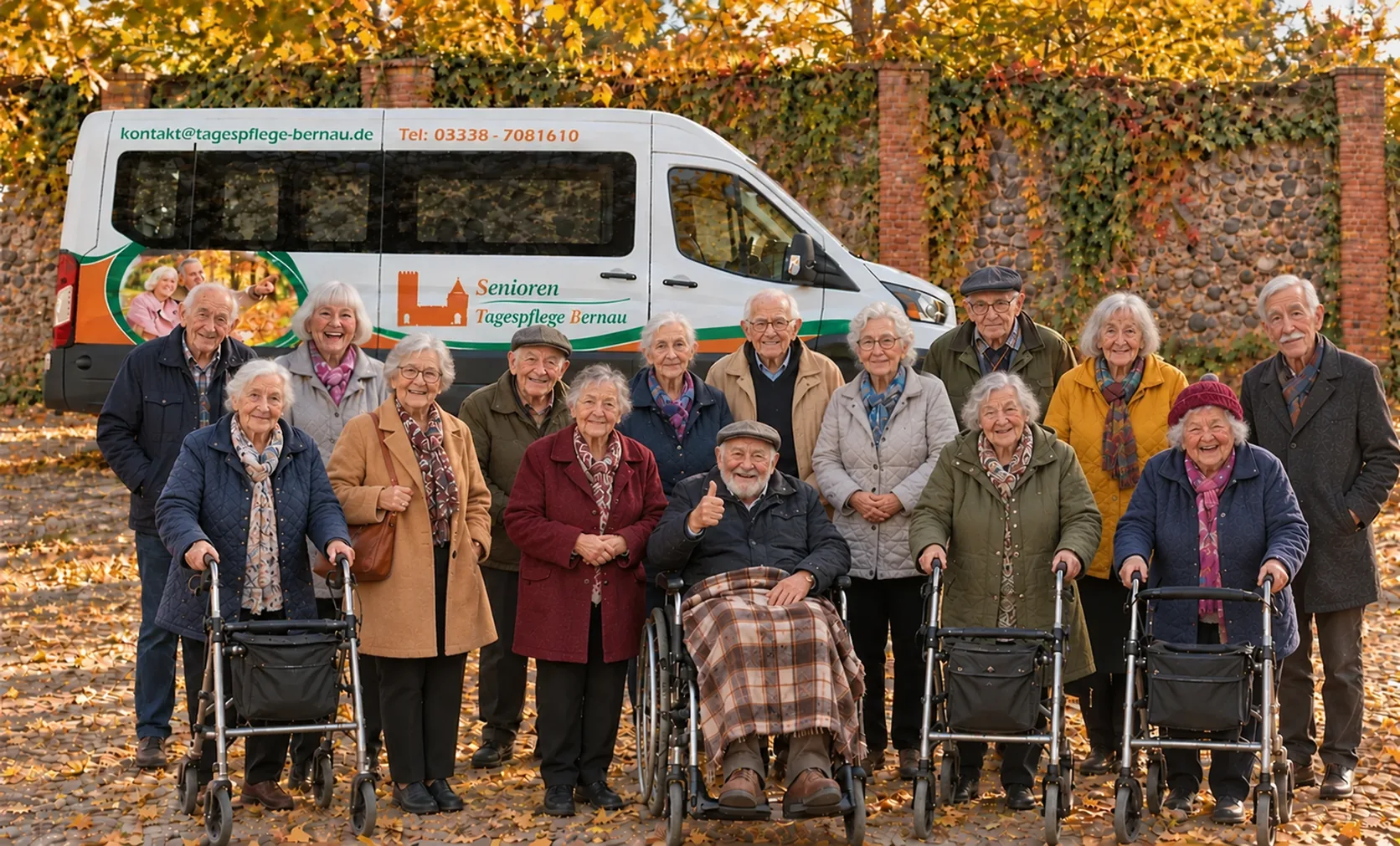 Eine fröhliche Gruppe von Gästen vor dem Bus der Senioren-Tagespflege an der Bernauer Stadtmauer, einer im Rollstuhl zeigt den Daumen hoch
