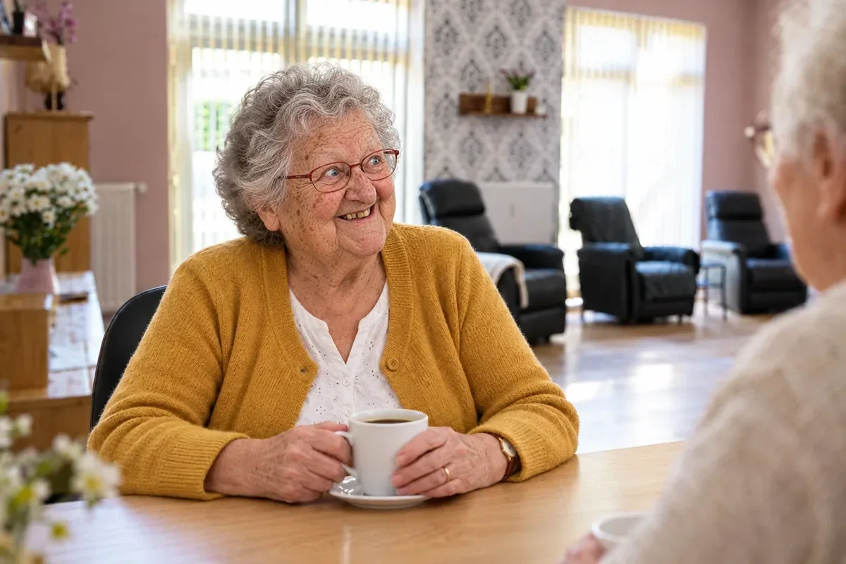 Ein Gast lacht beim Kaffee im hellen Aufenthaltsraum