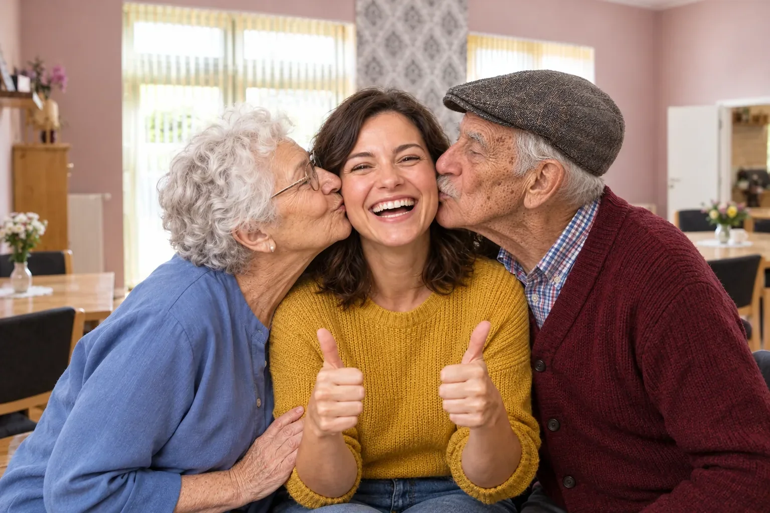 Eine Mitarbeiterin lacht und zeigt zwei Daumen hoch, zwei Gäste küssen sie auf die Wangen