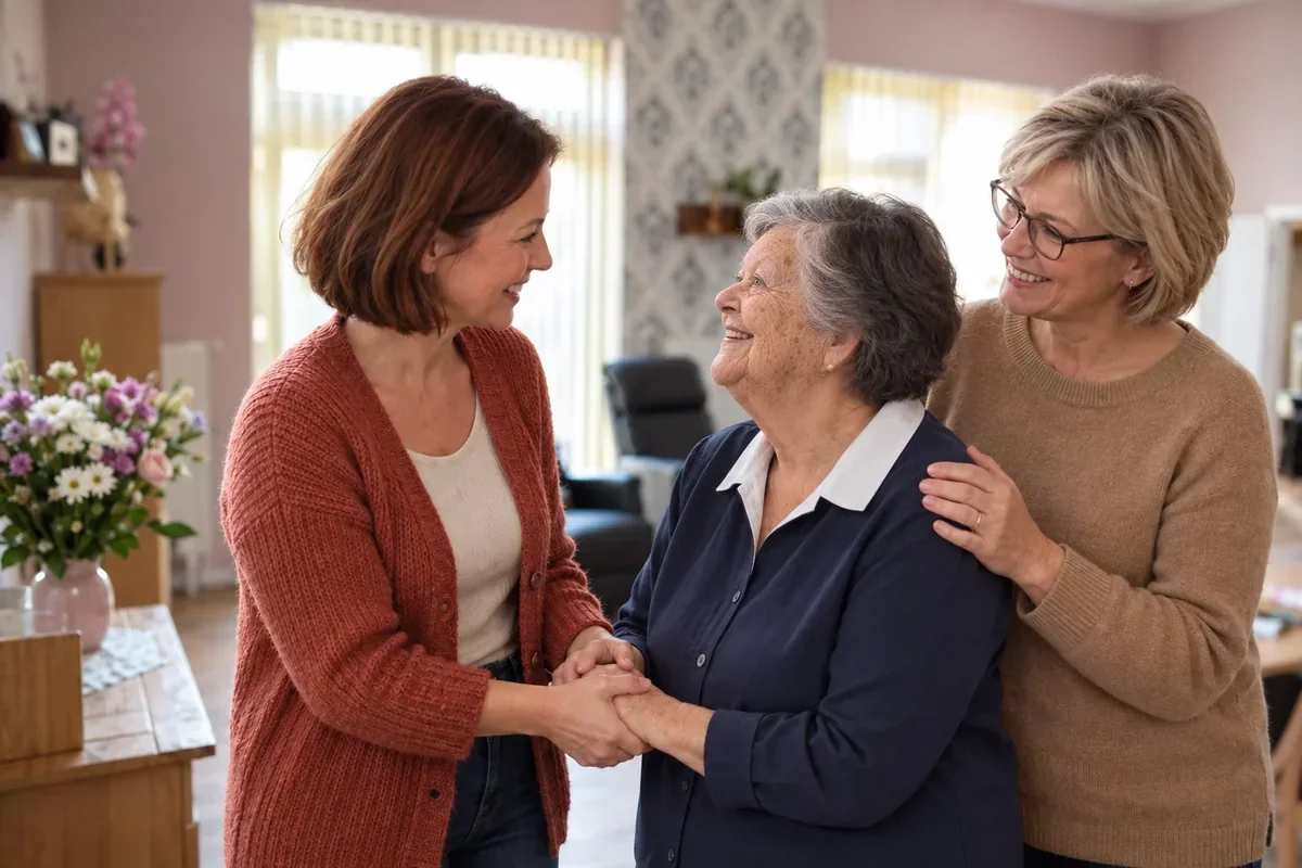 Eine Mitarbeiterin begrüßt eine Seniorin und hält ihre Hände, die Tochter steht lächelnd dahinter