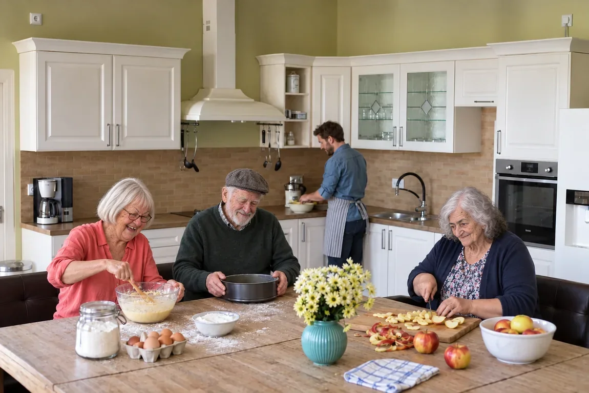 Drei Gäste backen in der Küche gemeinsam einen Apfelkuchen