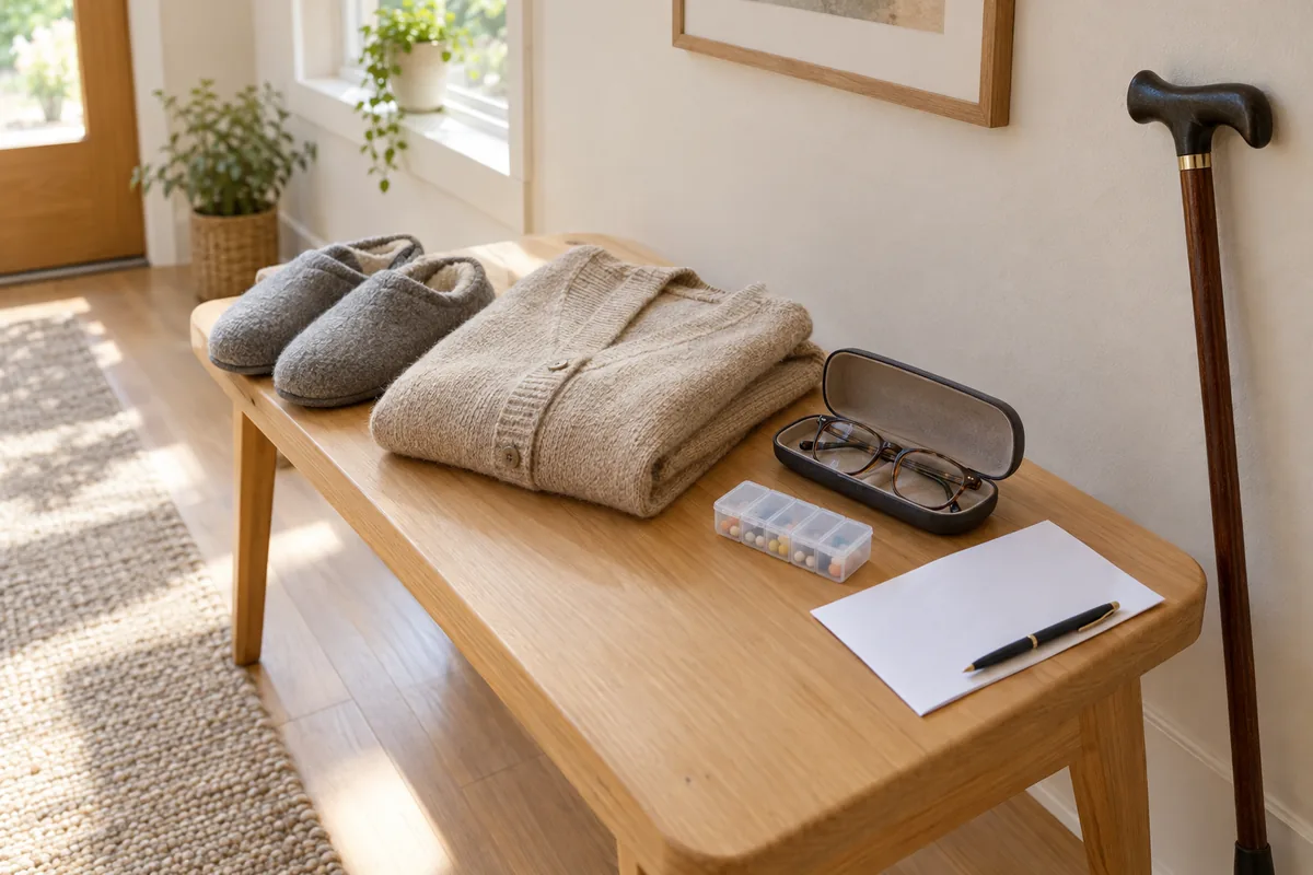 Hausschuhe, Strickjacke, Brille, Medikamentenbox und Notizblatt liegen bereit