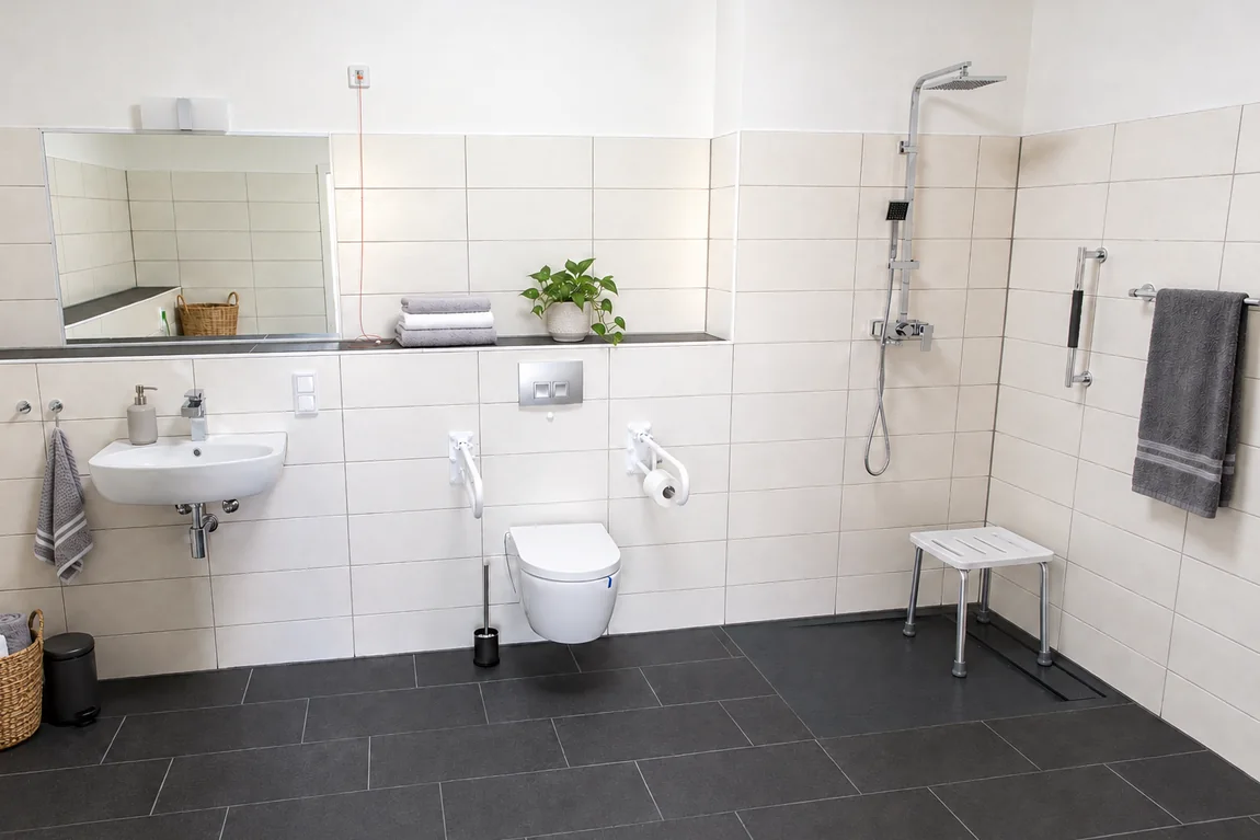 Barrierefreies Pflegebad mit bodengleicher Dusche, Duschhocker, Haltegriffen und Papierhalter am WC und Waschbecken