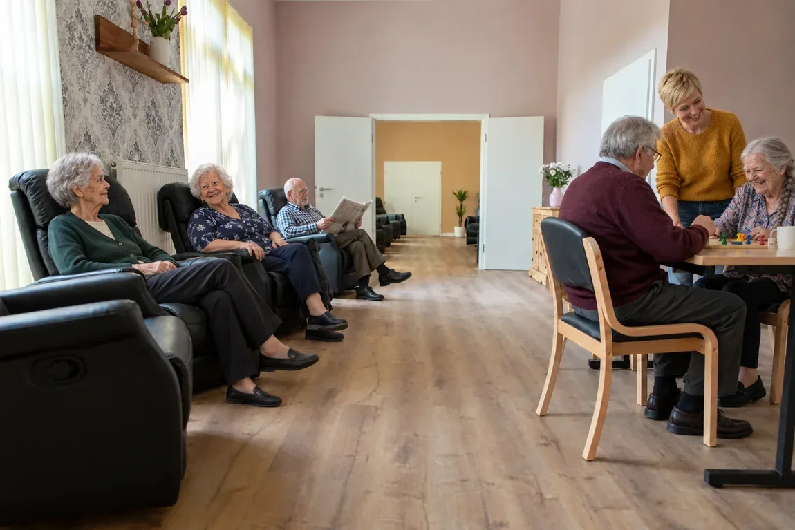Gäste entspannen im Beschäftigungsraum in den Relaxsesseln und spielen am Tisch ein Brettspiel