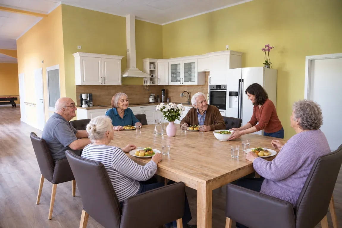 Gäste essen gemeinsam am großen Tisch im Speiseraum, eine Betreuerin bringt eine Schüssel