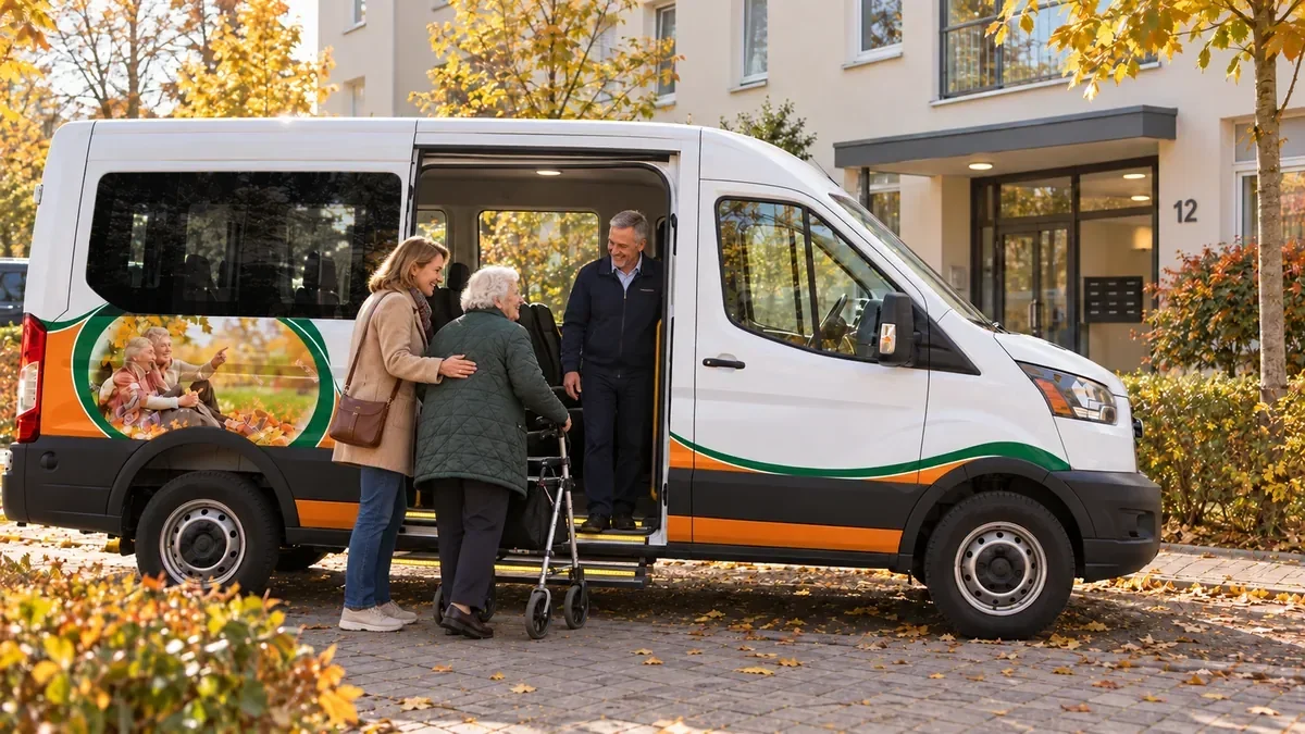 Eine Tochter begleitet ihre Mutter mit Rollator morgens zum Bus der Tagespflege